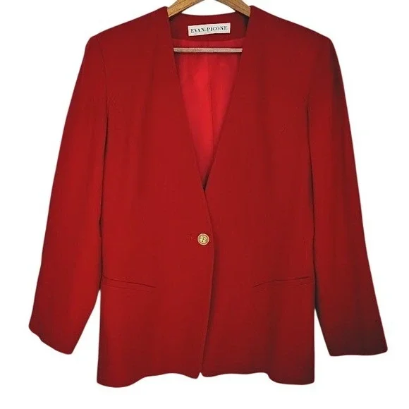 Evan Picone Red 100% Wool Blazer Jacket Size 10 V Neck Professional or Casual